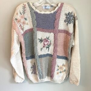 Vtg Maggie Lawrence Sweater Womens Small Knit Floral Pastel